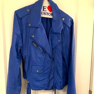 Blue Faux Leather Moto Jacket